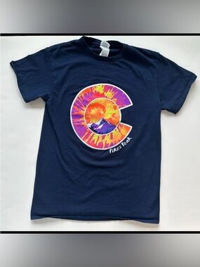 Pikes Peak Colorado Tie-Dye Style Graphic T-Shirt Navy Blue Size S